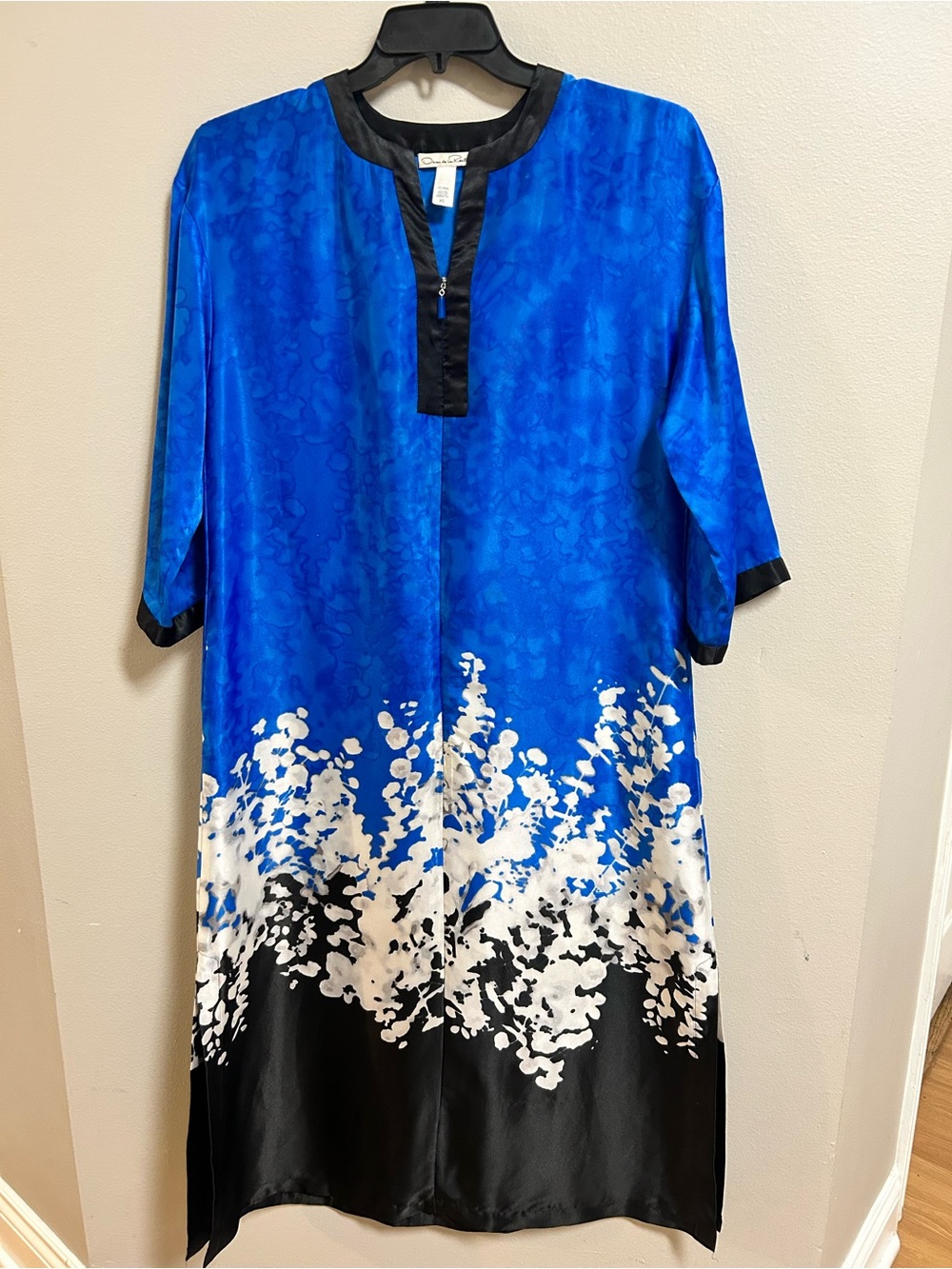 Oscar de la Renta Women XS Blue Floral Zip Front House Dress Caftan Lounge Robe
